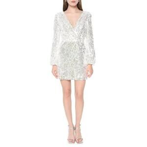 WAYF Carrie NWOT White Sequin V Long Sleeve Mini Dress